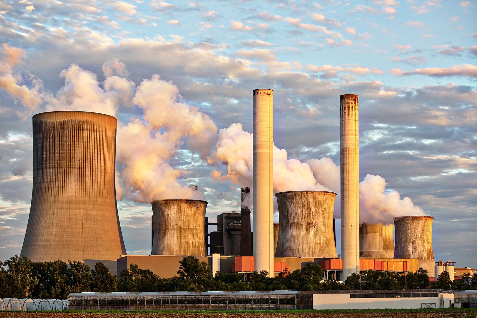 Cooling towers and stacks at an industrial site